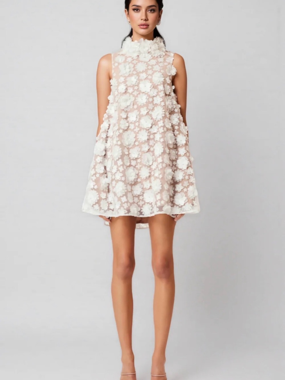 Sleeveless White Floral Appliqué Mini Dress